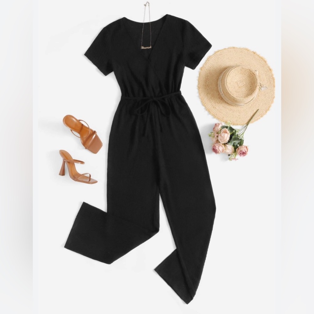 Black jumpsuit_Spring_Small (6)_ Women Black Casual Black Short Sleeve One piece